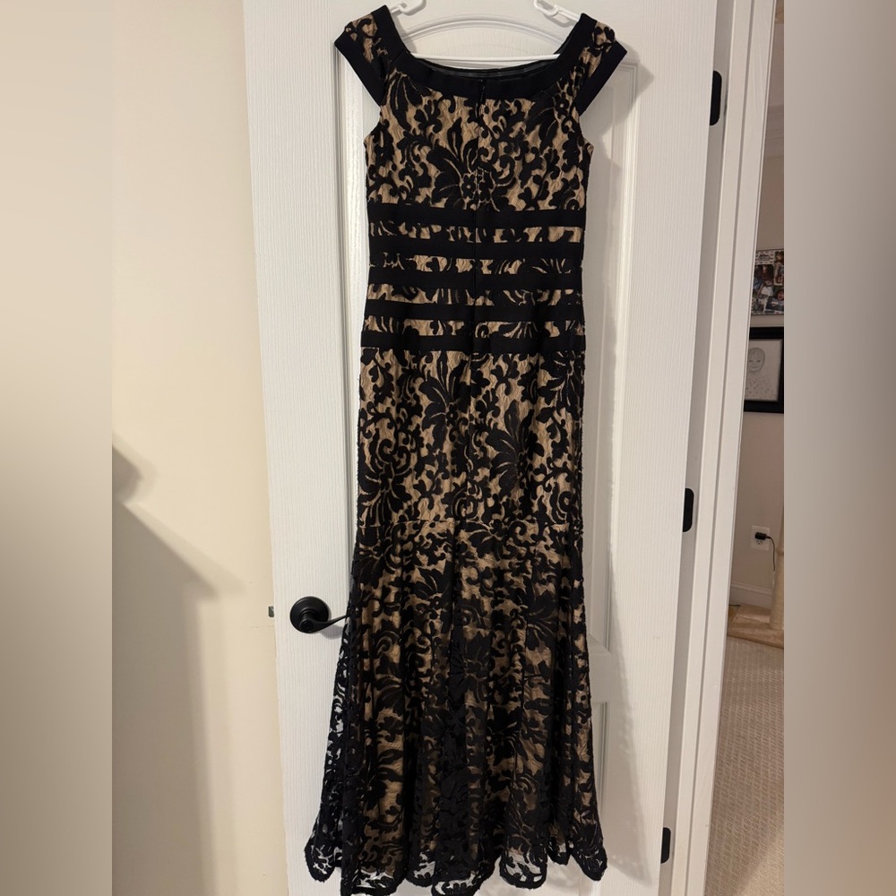 Tadashi Shoji Black and Tan Lace Formal Dress